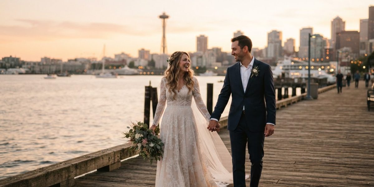 Seattle wedding couple walking by the waterfront at golden hour