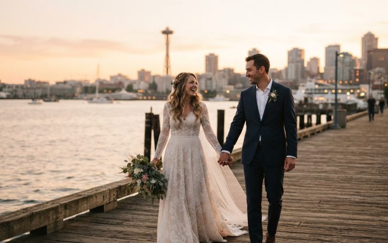 Seattle wedding couple walking by the waterfront at golden hour