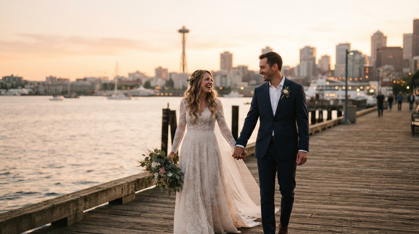 Seattle wedding couple walking by the waterfront at golden hour